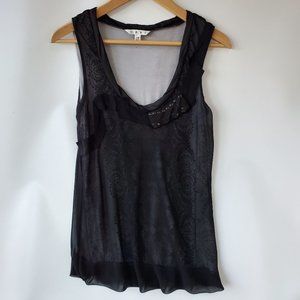 CAbi Women's Extra Small tank blouse - black with sheer overlay over rinestones